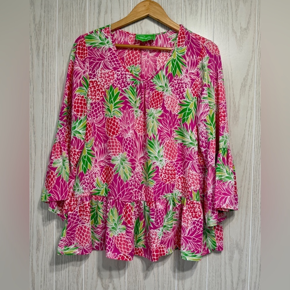 Cappagallo Pink Pineapple Print Tunic Top Size L EUC